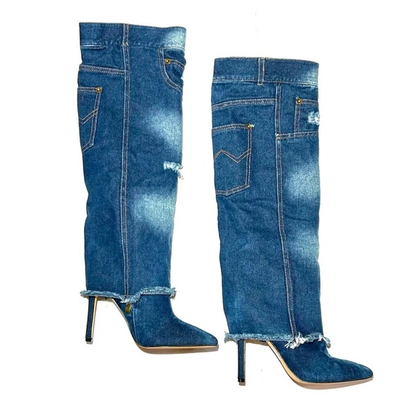 NEW Distressed Denim Pointed Knee High Heeled Zipper Boots Size 38, US 7 - Picture 5 of 15